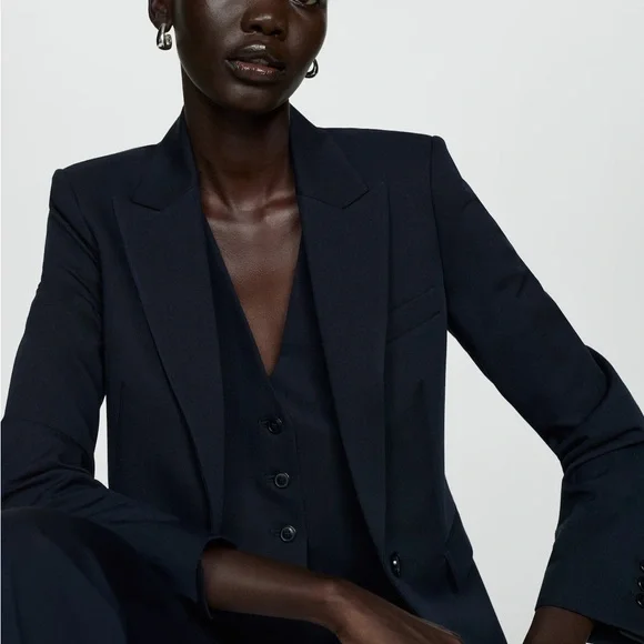 Mango Elegant Fitted Navy Blue Women's Blazer - Picture 2 of 6